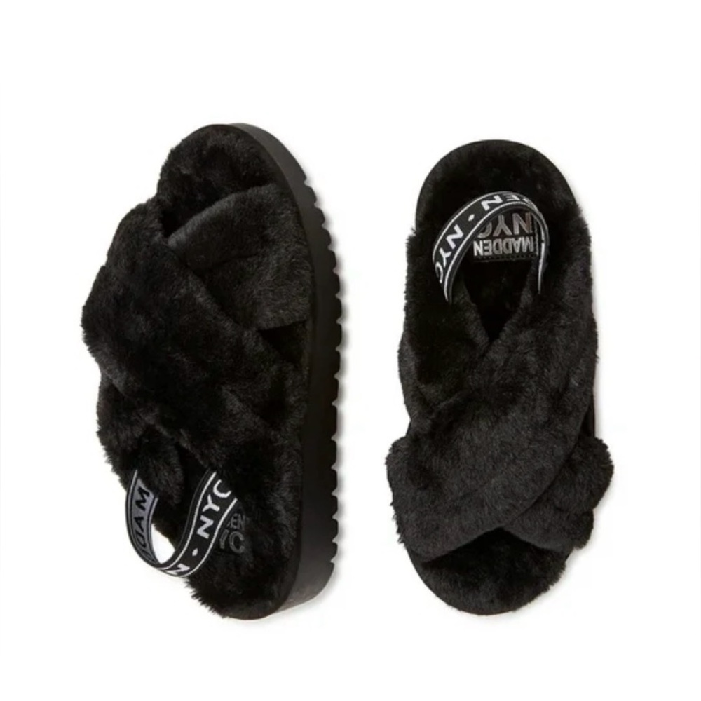 Madden NYC Slippers 6 Crossband Slingback Platform Black Faux Fur OpenToe EUC